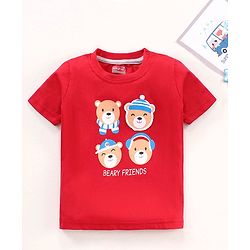 Babyhug Half Sleeves Cotton Jersey Knit Tee Bear Print- Red
