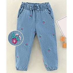 Babyhug Denim Full Length Jeans Floral Embroidered  - Blue