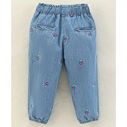 Babyhug Denim Full Length Jeans Floral Embroidered  - Blue