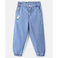 Babyhug Cotton Denim Full Length Washed Jeans Floral Embroidered - Blue