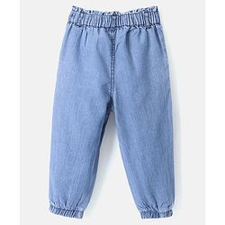 Babyhug Cotton Denim Full Length Washed Jeans Floral Embroidered - Blue