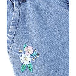 Babyhug Cotton Denim Full Length Washed Jeans Floral Embroidered - Blue