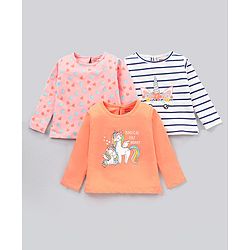 Babyhug Cotton Jersey Knit Full Sleeves Striped T-Shirts Heart & Unicorn Print Pack of 3 - Pink Peach Navy White
