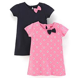 Babyhug 100% Cotton Knit Half Sleeves Solid Color Frock With Bow Applique And Floral Print Pack Of 2 - Navy Blue & Pink