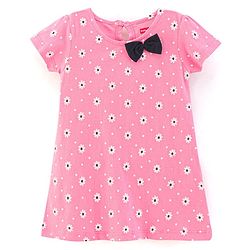 Babyhug 100% Cotton Knit Half Sleeves Solid Color Frock With Bow Applique And Floral Print Pack Of 2 - Navy Blue & Pink