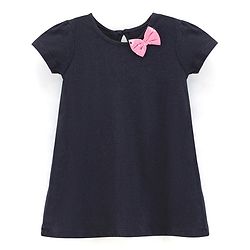 Babyhug 100% Cotton Knit Half Sleeves Solid Color Frock With Bow Applique And Floral Print Pack Of 2 - Navy Blue & Pink