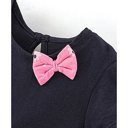 Babyhug 100% Cotton Knit Half Sleeves Solid Color Frock With Bow Applique And Floral Print Pack Of 2 - Navy Blue & Pink