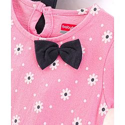 Babyhug 100% Cotton Knit Half Sleeves Solid Color Frock With Bow Applique And Floral Print Pack Of 2 - Navy Blue & Pink