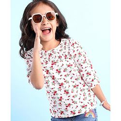 Babyhug Three Fourth Sleeves Top with Smocking and Frill Detailing & Floral Print - White