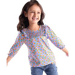 Babyhug Three Fourth Sleeves Top with Smocking and Frill Detailing & Floral Print - Blue