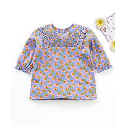 Babyhug Three Fourth Sleeves Top with Smocking and Frill Detailing & Floral Print - Blue