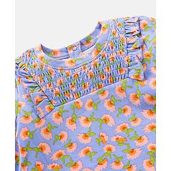 Babyhug Three Fourth Sleeves Top with Smocking and Frill Detailing & Floral Print - Blue