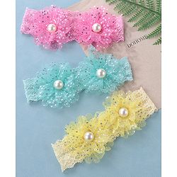 Babyhug Free Size Headbands with Bow Applique Pearl Embellished Pack of 3 - Pink Yellow & Blue
