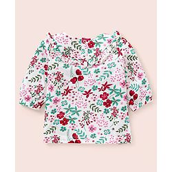 Babyhug Three Fourth Peasant Sleeves With Frill Detailing Floral Print Top - White