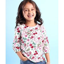 Babyhug Three Fourth Peasant Sleeves With Frill Detailing Floral Print Top - White