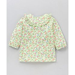Babyhug Three Fourth Peasant Sleeves With Frill Detailing Floral Print Top - Green