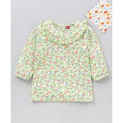 Babyhug Three Fourth Peasant Sleeves With Frill Detailing Floral Print Top - Green