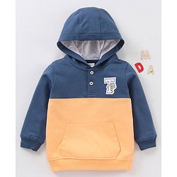 Babyhug Full Sleeves Winter Wear Hooded T-Shirt Text Print - Navy Blue Yellow