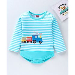 Babyhug 100% Cotton Full Sleeves Onesie Stripes & Train Print- Blue