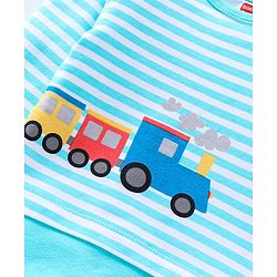 Babyhug 100% Cotton Full Sleeves Onesie Stripes & Train Print- Blue