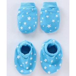 Babyhug 100% Cotton Mittens & Booties Set Star Print - Blue