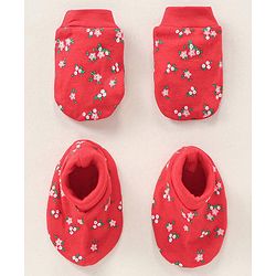 Babyhug 100% Cotton Mittens and Booties Floral Print - Red