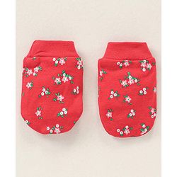 Babyhug 100% Cotton Mittens and Booties Floral Print - Red