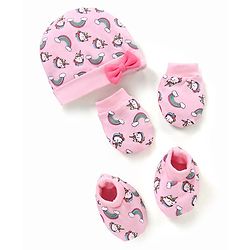 Babyhug 100% Cotton Cap Mittens & Booties Unicorn Print Pink- Diameter 13 cm
