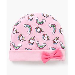 Babyhug 100% Cotton Cap Mittens & Booties Unicorn Print Pink- Diameter 13 cm