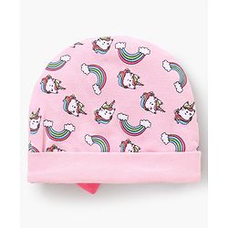 Babyhug 100% Cotton Cap Mittens & Booties Unicorn Print Pink- Diameter 13 cm