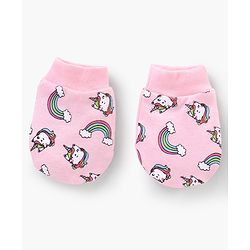 Babyhug 100% Cotton Cap Mittens & Booties Unicorn Print Pink- Diameter 13 cm