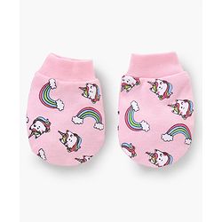 Babyhug 100% Cotton Cap Mittens & Booties Unicorn Print Pink- Diameter 13 cm