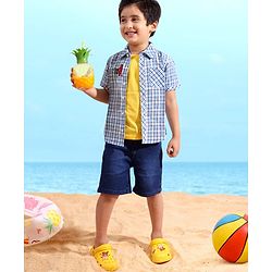 Babyhug Cotton Linen Half Sleeves Checks Shirt - Blue