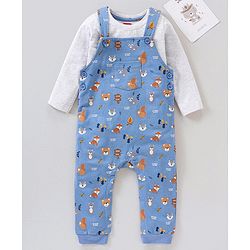 Babyhug Dungaree and Full Sleeves T-Shirt Set Fox Print - White and Blue