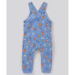 Babyhug Dungaree and Full Sleeves T-Shirt Set Fox Print - White and Blue