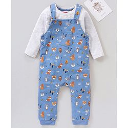 Babyhug Dungaree and Full Sleeves T-Shirt Set Fox Print - White and Blue