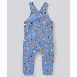 Babyhug Dungaree and Full Sleeves T-Shirt Set Fox Print - White and Blue
