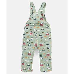 Babyhug Cotton Full Sleeves Striped Tee With Dungaree Farm Print- Blue Green