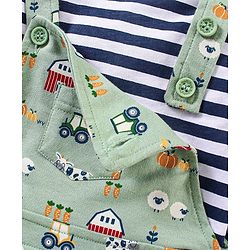 Babyhug Cotton Full Sleeves Striped Tee With Dungaree Farm Print- Blue Green