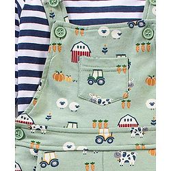 Babyhug Cotton Full Sleeves Striped Tee With Dungaree Farm Print- Blue Green