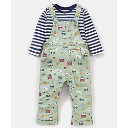 Babyhug Cotton Full Sleeves Striped Tee With Dungaree Farm Print- Blue Green