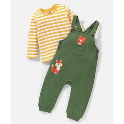 Babyhug 100% Cotton Full Sleeves Tee & Teddy Print Dungaree - Green & Yellow