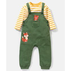 Babyhug 100% Cotton Full Sleeves Tee & Teddy Print Dungaree - Green & Yellow