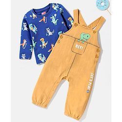 Babyhug Cotton Full Sleeves Tee With Dungaree Dino Print- Blue Orange