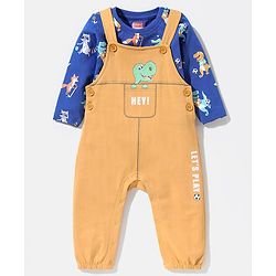 Babyhug Cotton Full Sleeves Tee With Dungaree Dino Print- Blue Orange