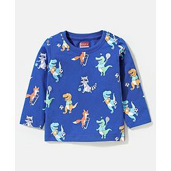 Babyhug Cotton Full Sleeves Tee With Dungaree Dino Print- Blue Orange