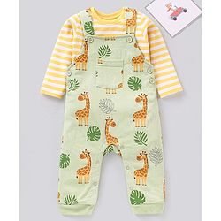 Babyhug Cotton Dungaree With Striped Inner T-Shirt Giraffe & Leaf  Print - Green and Yellow