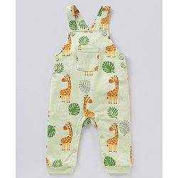 Babyhug Cotton Dungaree With Striped Inner T-Shirt Giraffe & Leaf  Print - Green and Yellow