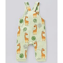 Babyhug Cotton Dungaree With Striped Inner T-Shirt Giraffe & Leaf  Print - Green and Yellow