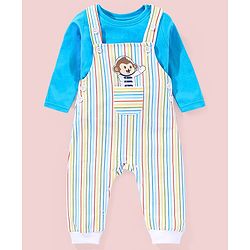 Babyhug 100% Cotton Full Sleeves T-Shirt & Dungaree Stripes & Monkey Print - Blue